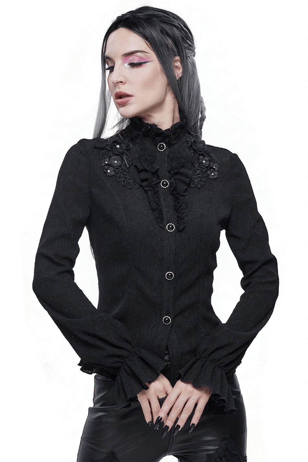 Gothic long sleeve blouse with stand collar and appliqued design for a stylish look in black.