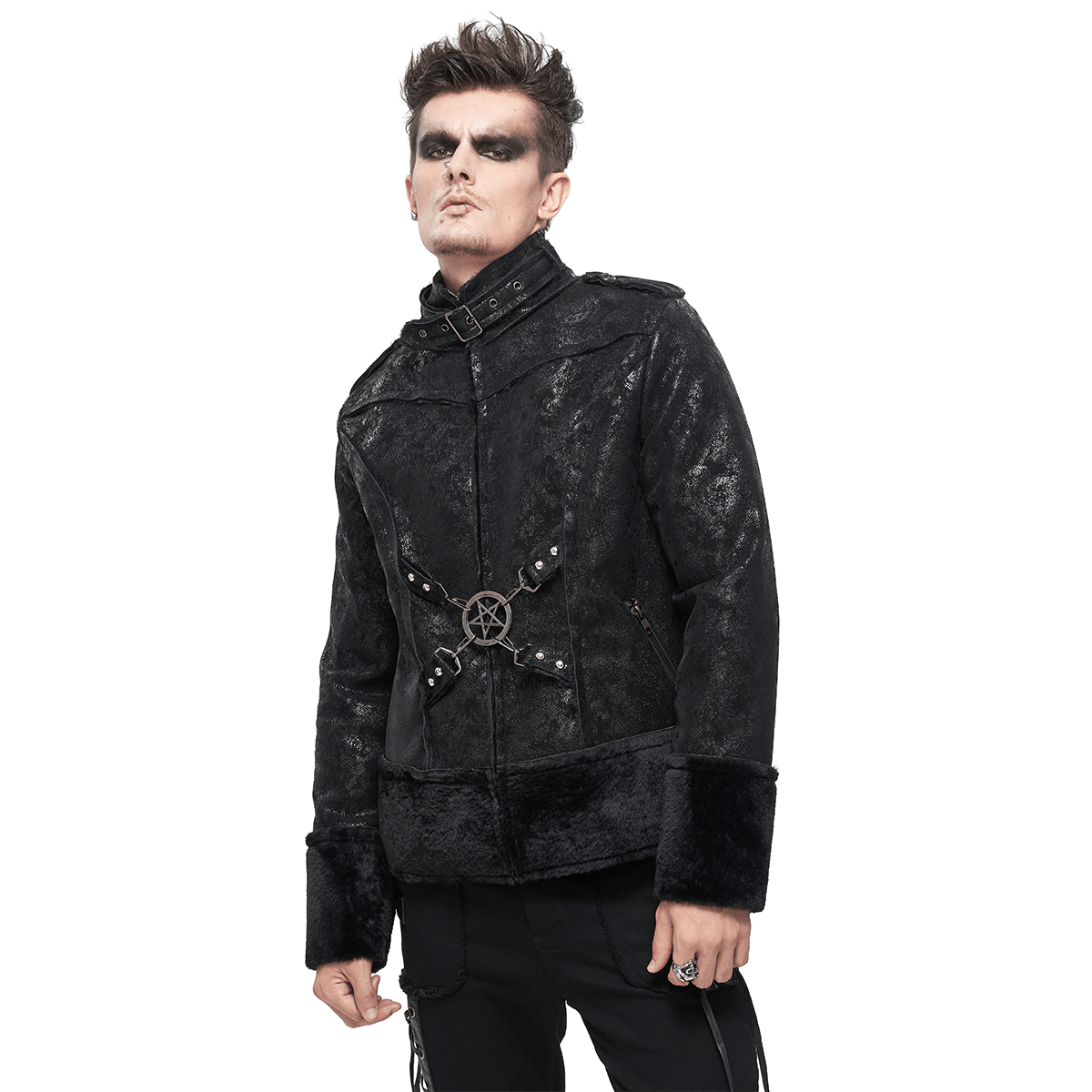Gothic Stand Collar Splice Jacket with Buckle and Metal Pentagram - HARD'N'HEAVY