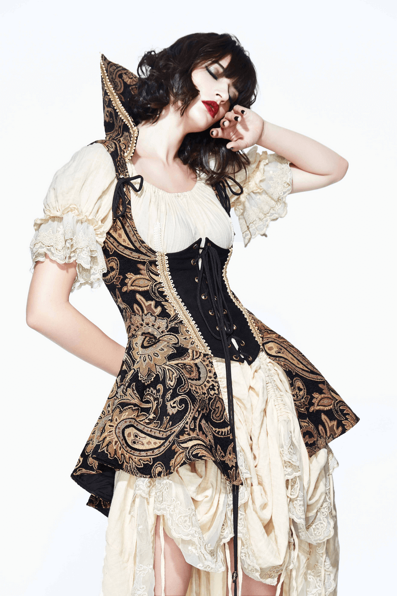 Gothic Steampunk Gold High Collar Waistcoat for Women / Vintage Female Belt Bandage - HARD'N'HEAVY