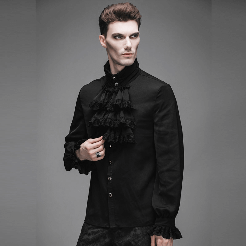 Gothic steampunk black flounce tie shirt for men with ruffles, perfect for vintage wardrobe styles.