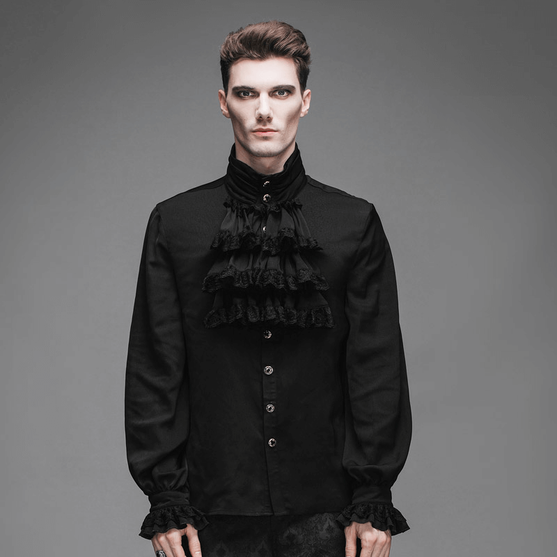 Gothic Steampunk Male Flounce Tie Shirt / Vintage Black Men's Long Sleeves Blouses - HARD'N'HEAVY