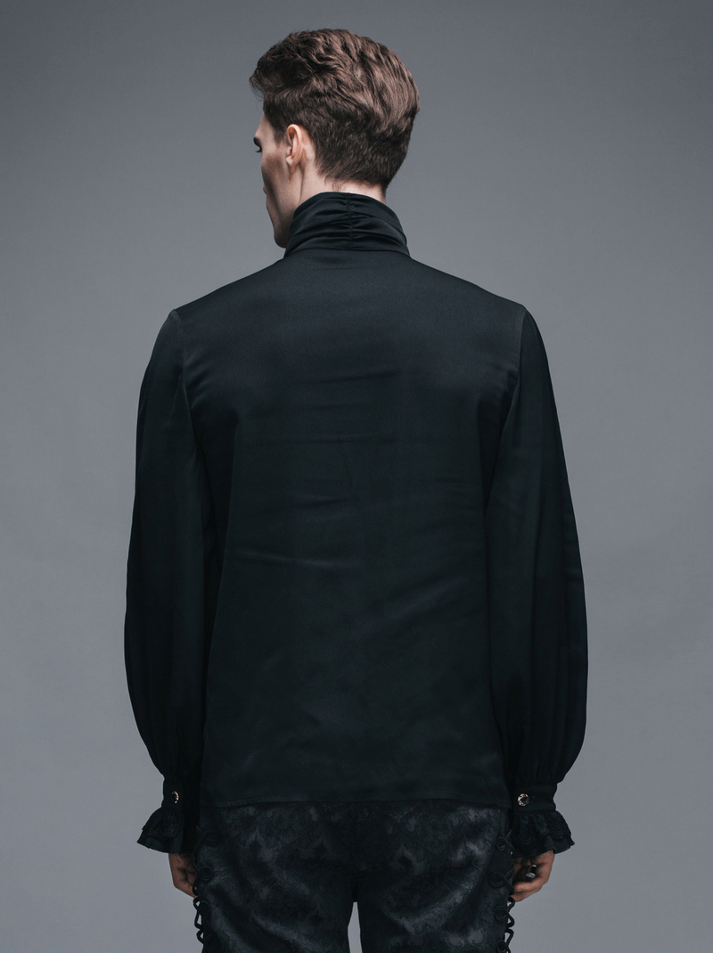 Back view of a gothic steampunk black men's flounce tie shirt with elegant ruffles and long sleeves.