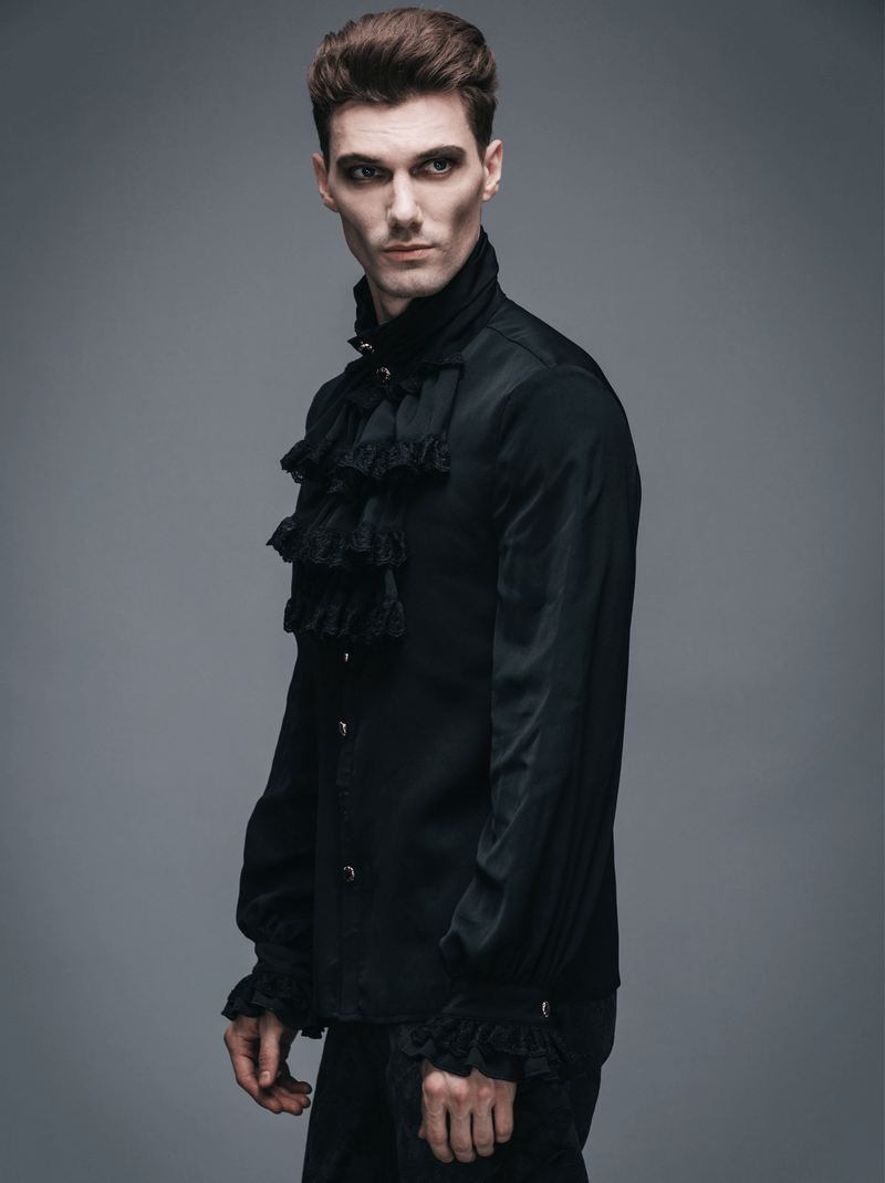 Elegant Gothic steampunk male in black vintage blouse with ruffles and long sleeves, perfect for gothic wardrobes.