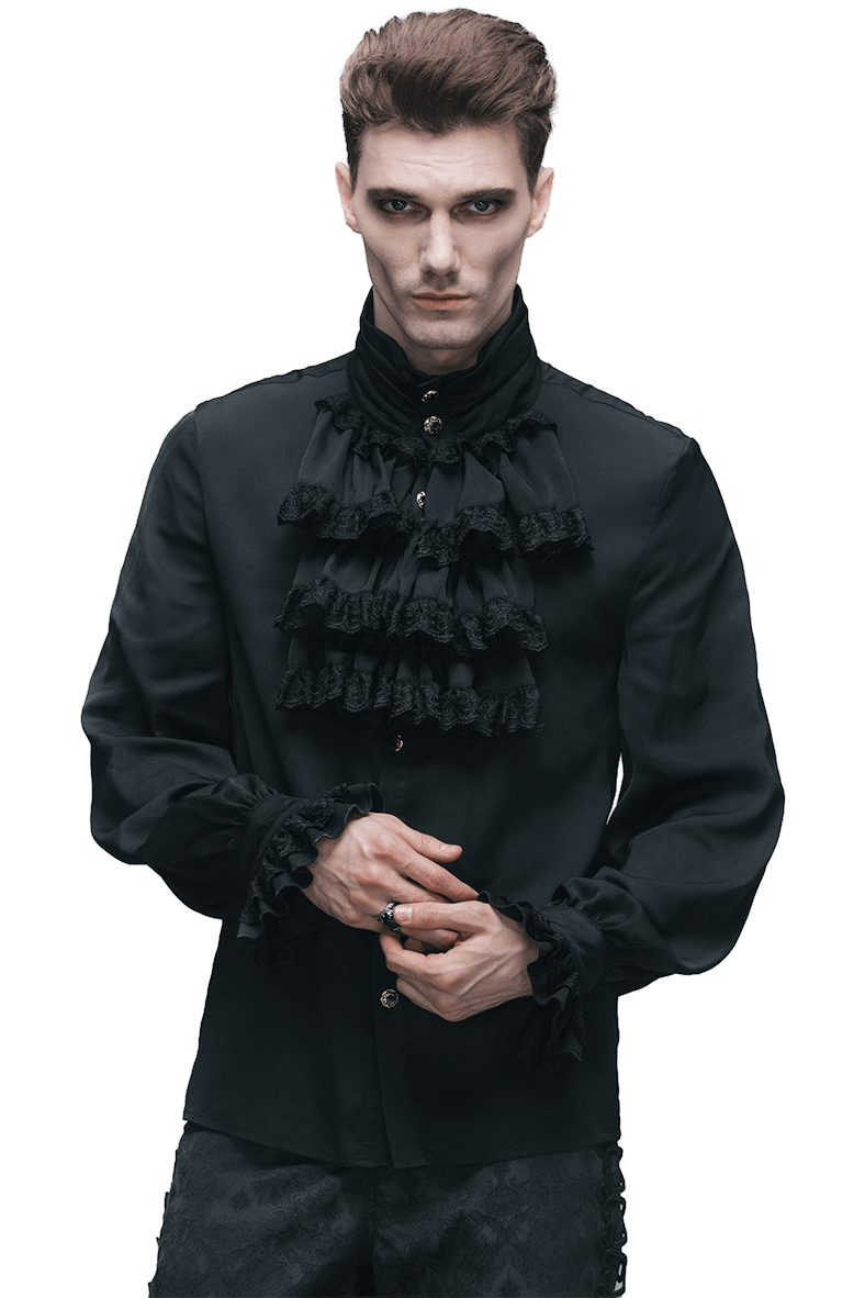 Gothic steampunk male wearing a black vintage blouse with ruffles, perfect for an elegant gothic wardrobe.
