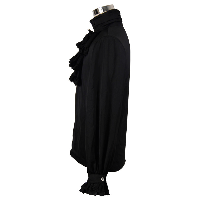 Gothic steampunk male flounce tie shirt in black vintage style with ruffles, perfect for elegant gothic fashion.