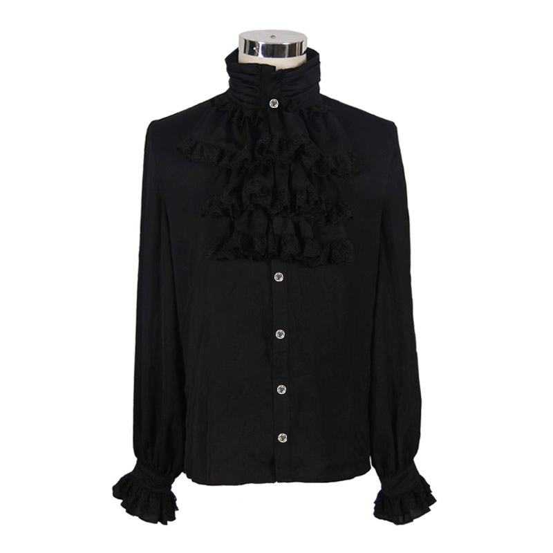 Gothic Steampunk Male Flounce Tie Shirt / Vintage Black Men's Long Sleeves Blouses - HARD'N'HEAVY