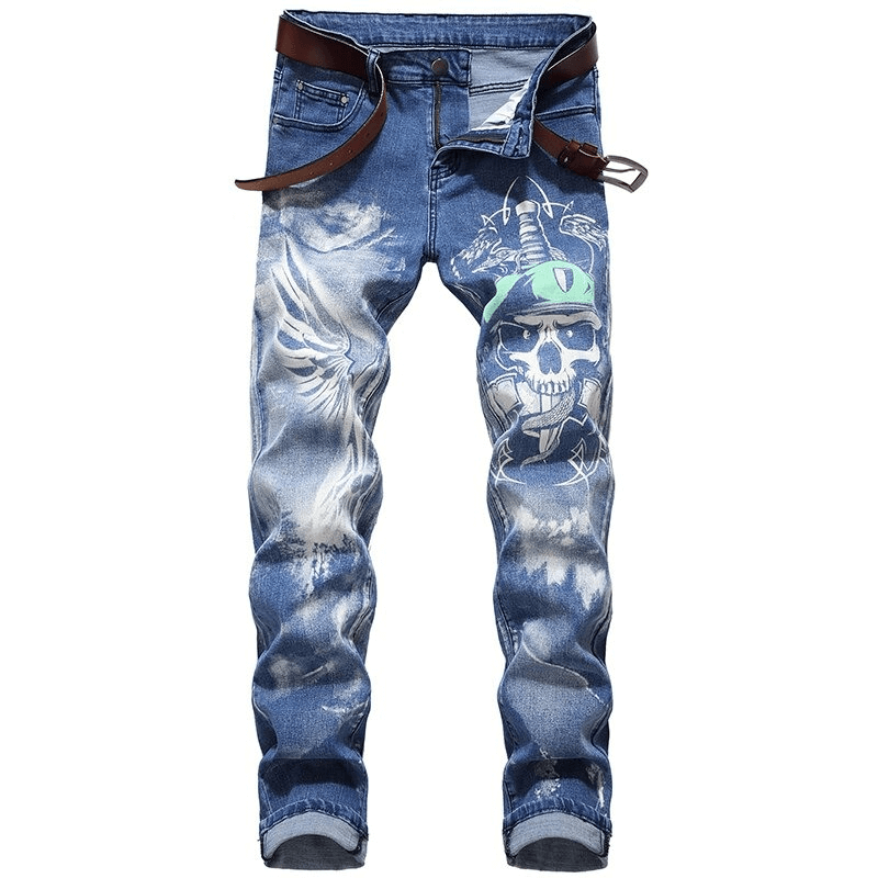 Gothic 3D printed denim pants with skull design, trendy blue jeans for men, straight cut style.