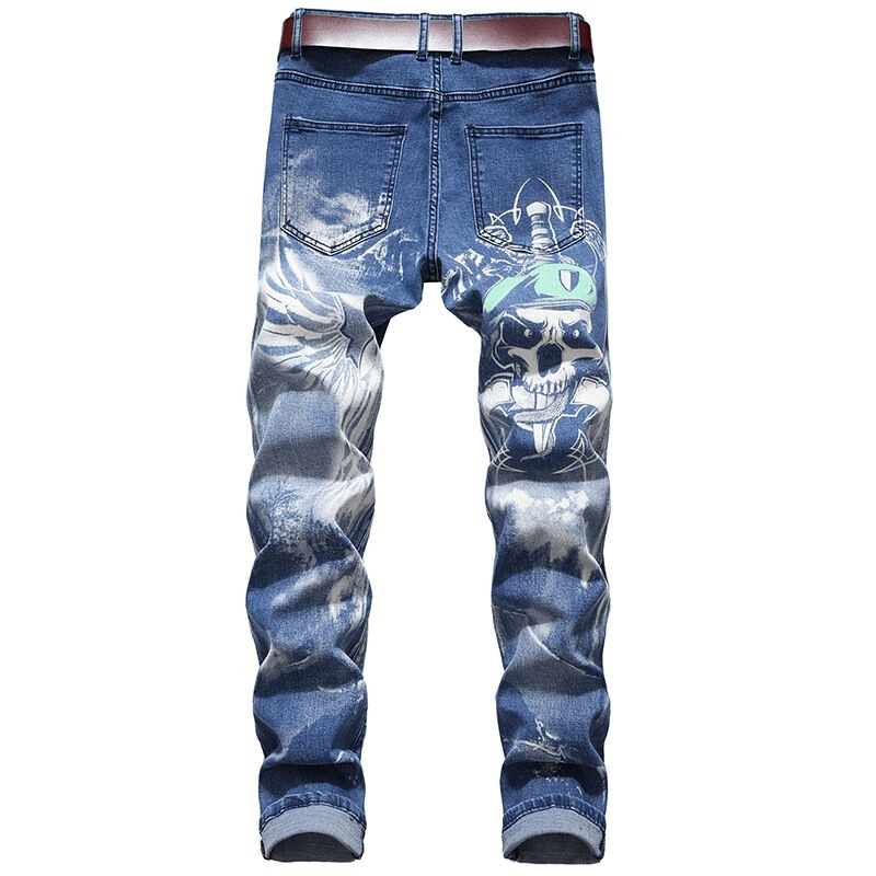 Gothic men's 3D printed blue denim pants featuring a striking skull design and straight cut for trendy style.
