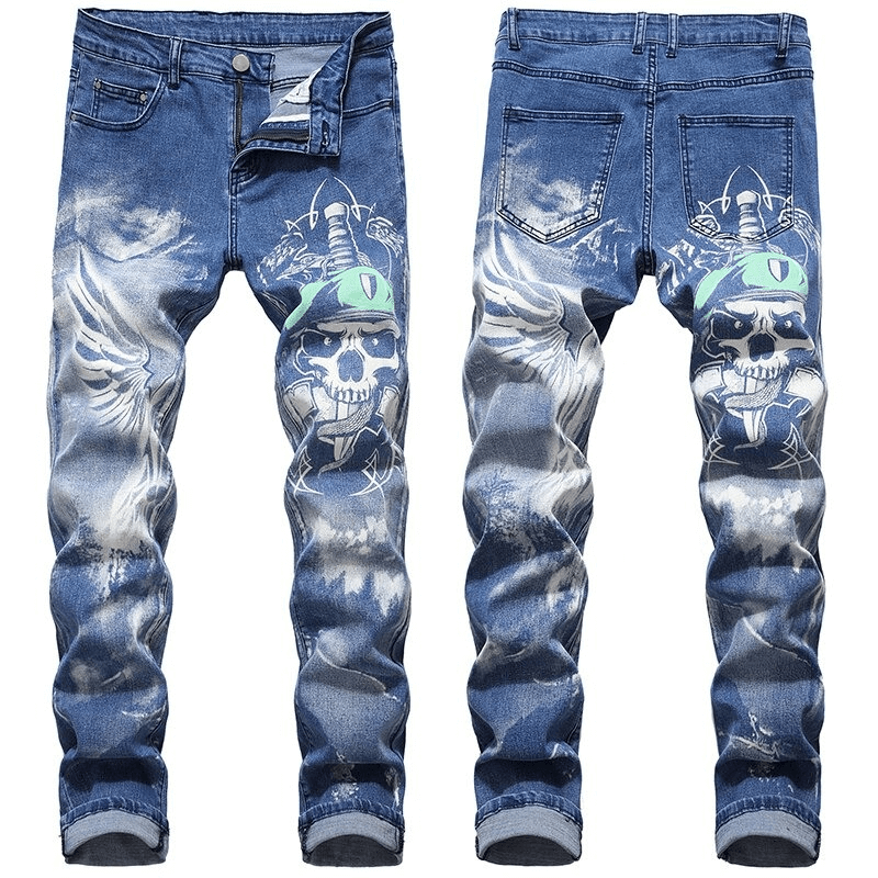 Gothic Straight Colored 3D Printed Jeans / Men's Softener Blue Denim Pants