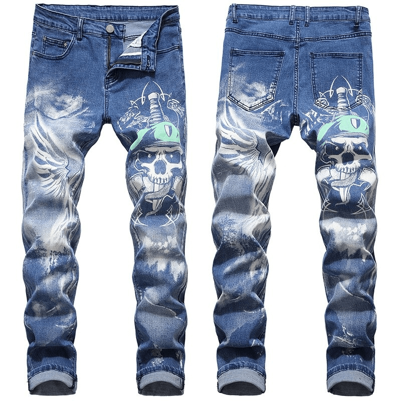 Gothic straight cut men's 3D printed denim jeans with skull and wings design, trendy blue casual wear.