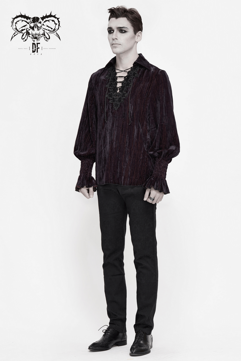 Gothic Strappy Flare Sleeve Corduroy Shirts / Casual Shirts with Lace Applique For Men - HARD'N'HEAVY