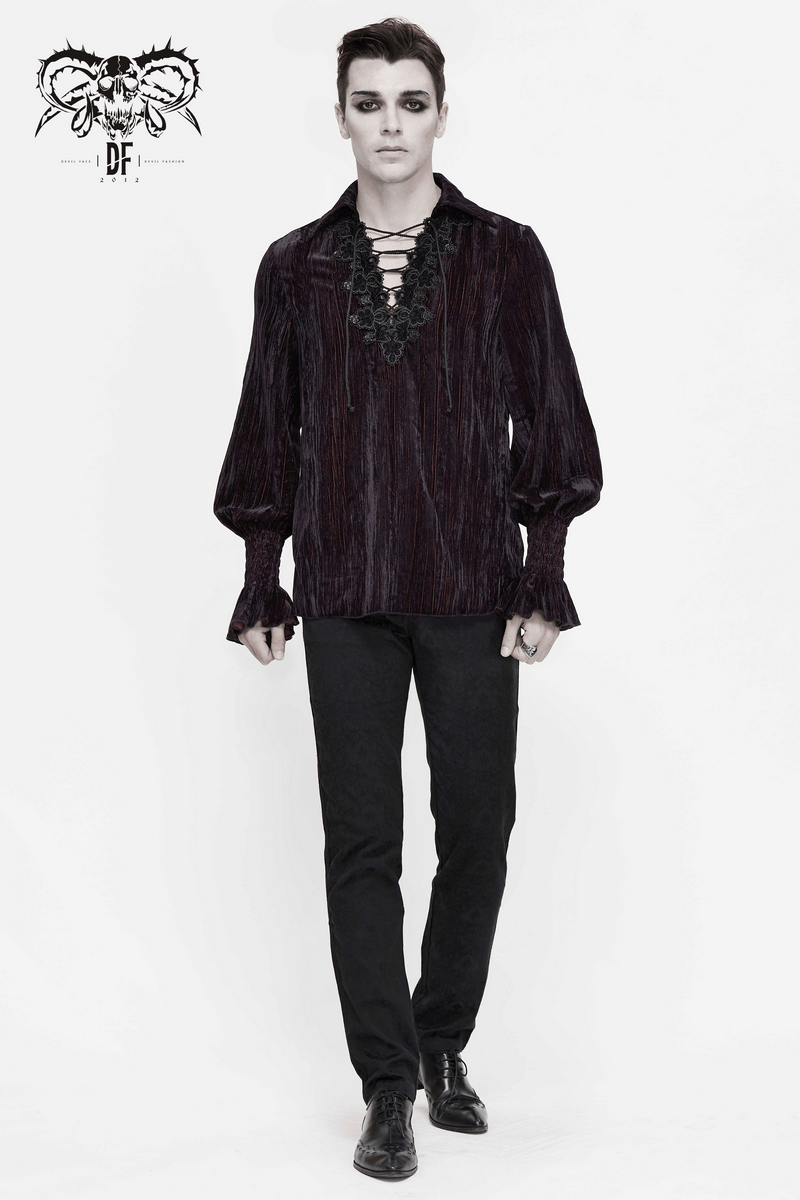 Gothic Strappy Flare Sleeve Corduroy Shirts / Casual Shirts with Lace Applique For Men - HARD'N'HEAVY