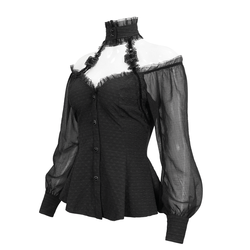 Gothic Strappy Off Shoulder Halterneck Shirt / Elegant Women's Black Shirts with Lace-up on Back