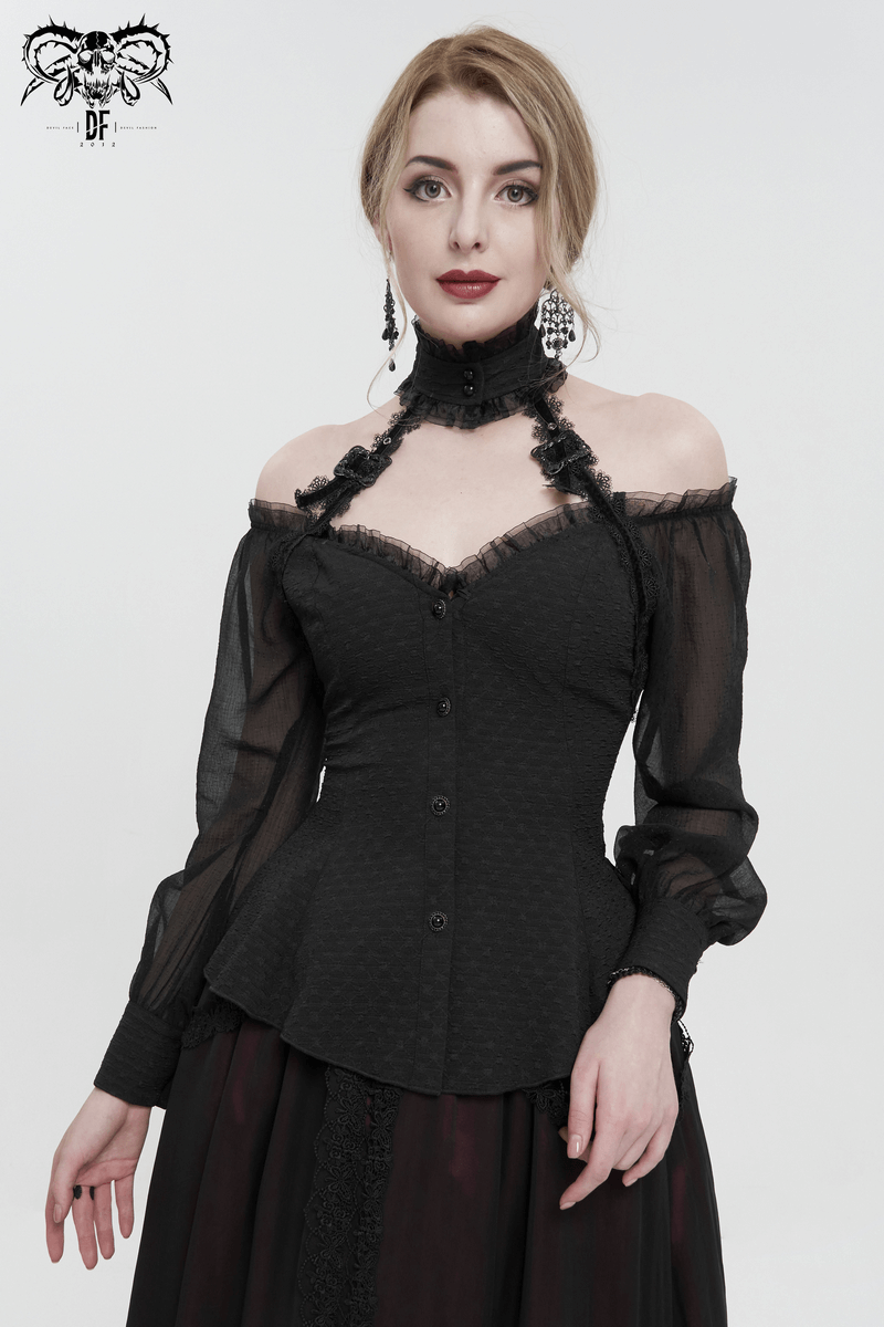Gothic Strappy Off Shoulder Halterneck Shirt / Elegant Women's Black Shirts with Lace-up on Back
