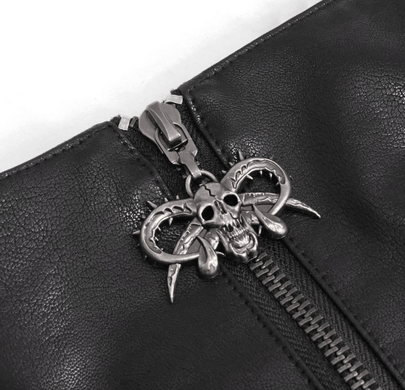 Close-up of a black leather zipper featuring a skull and horns design for stylish punk fashion.