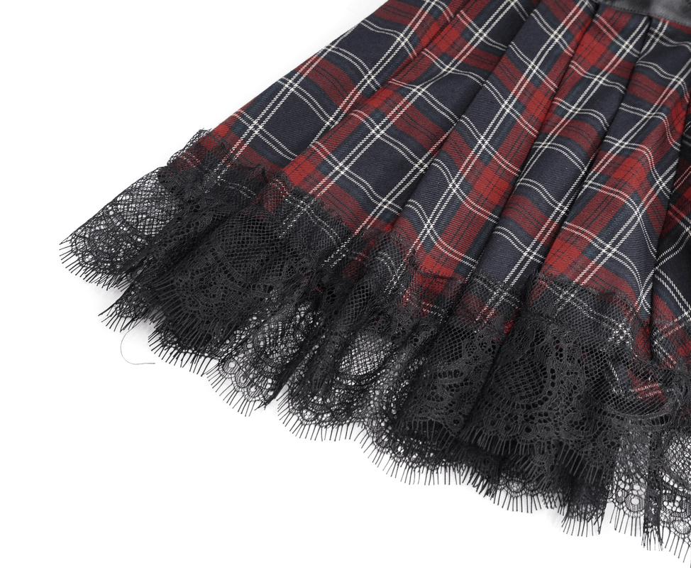 Gothic strappy plaid mini skirt with lace trim and silver chains, perfect for punk style outfits.
