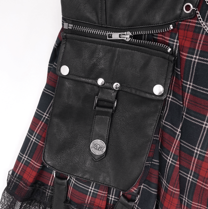 Close-up of a punk-style plaid mini skirt featuring a leather pocket and silver details.
