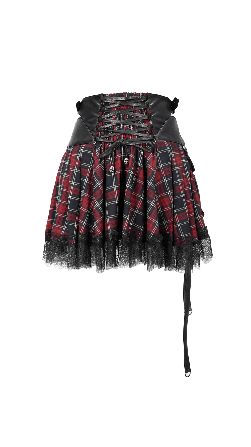 Gothic strappy plaid mini skirt with lace trim and chains, perfect for punk stylish outfits.