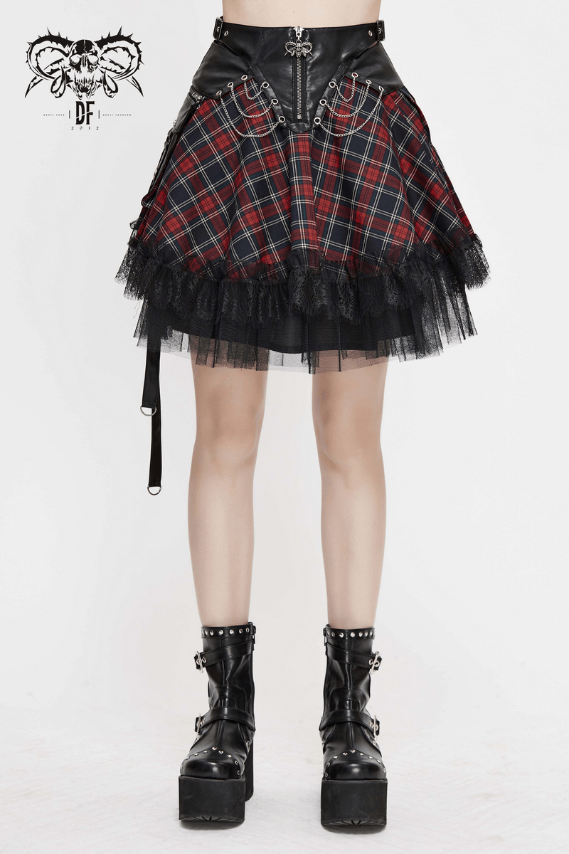 Gothic strappy plaid mini skirt with lace and chains, perfect for punk style outfits in women's alternative fashion.