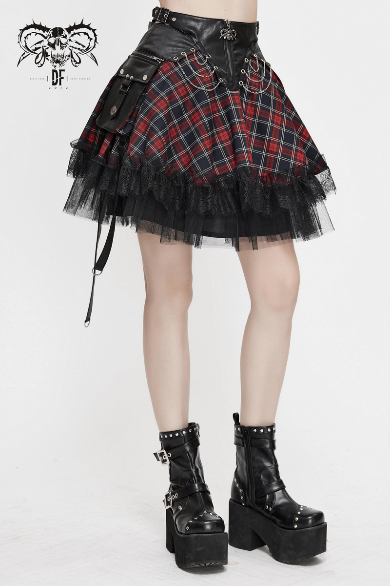 Gothic strappy plaid mini skirt with lace and chains, perfect for punk stylish outfits and alternative fashion.