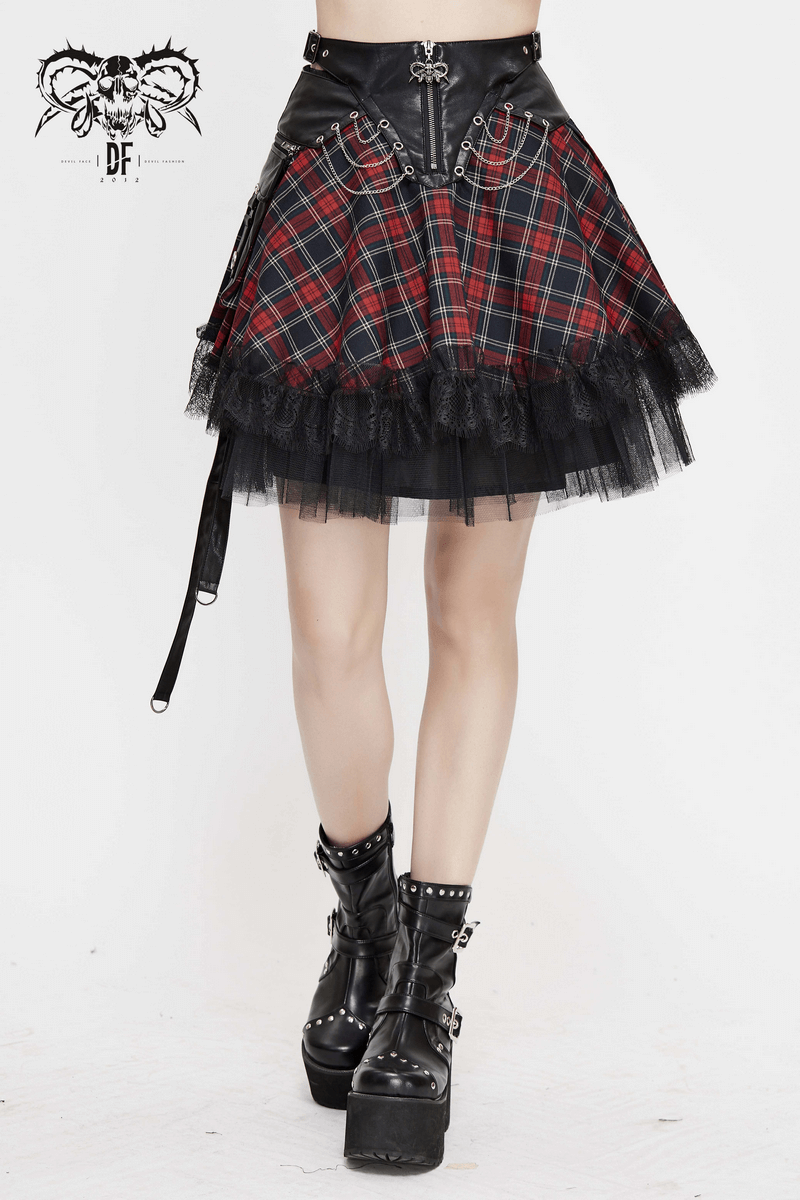 Gothic strappy plaid mini skirt with chains, featuring lace detailing and punk style for alternative fashion.