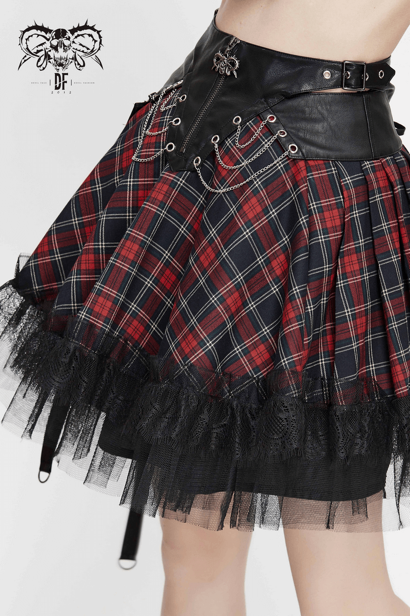 Gothic plaid mini skirt with lace and chains, perfect for stylish punk outfits and alternative fashion.