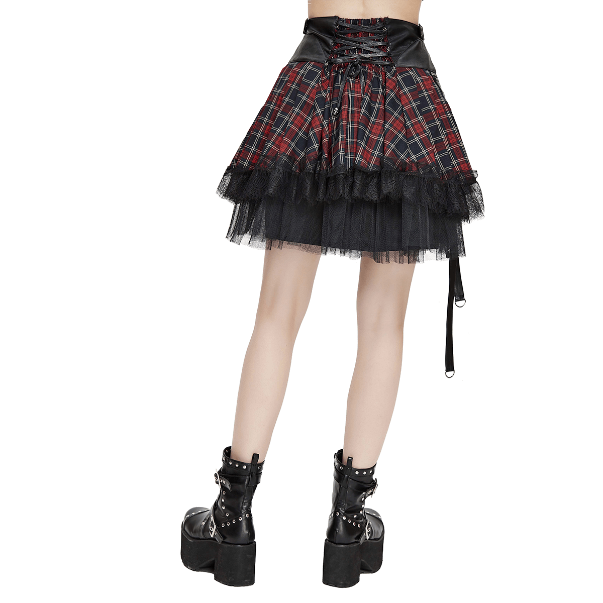 Back view of a Gothic strappy plaid mini skirt with lace and chains, paired with stylish black platform boots.