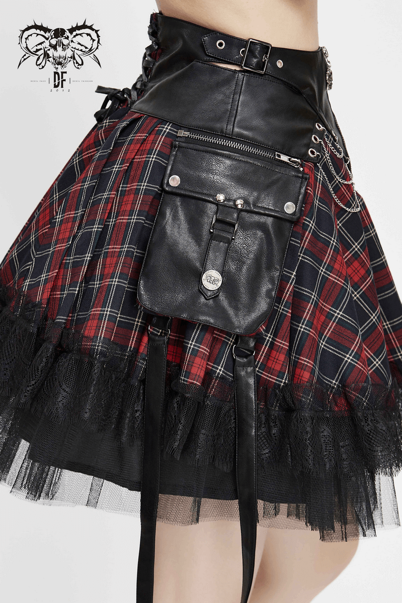 Gothic plaid mini skirt with lace, chains, and pockets, perfect for punk style outfits.