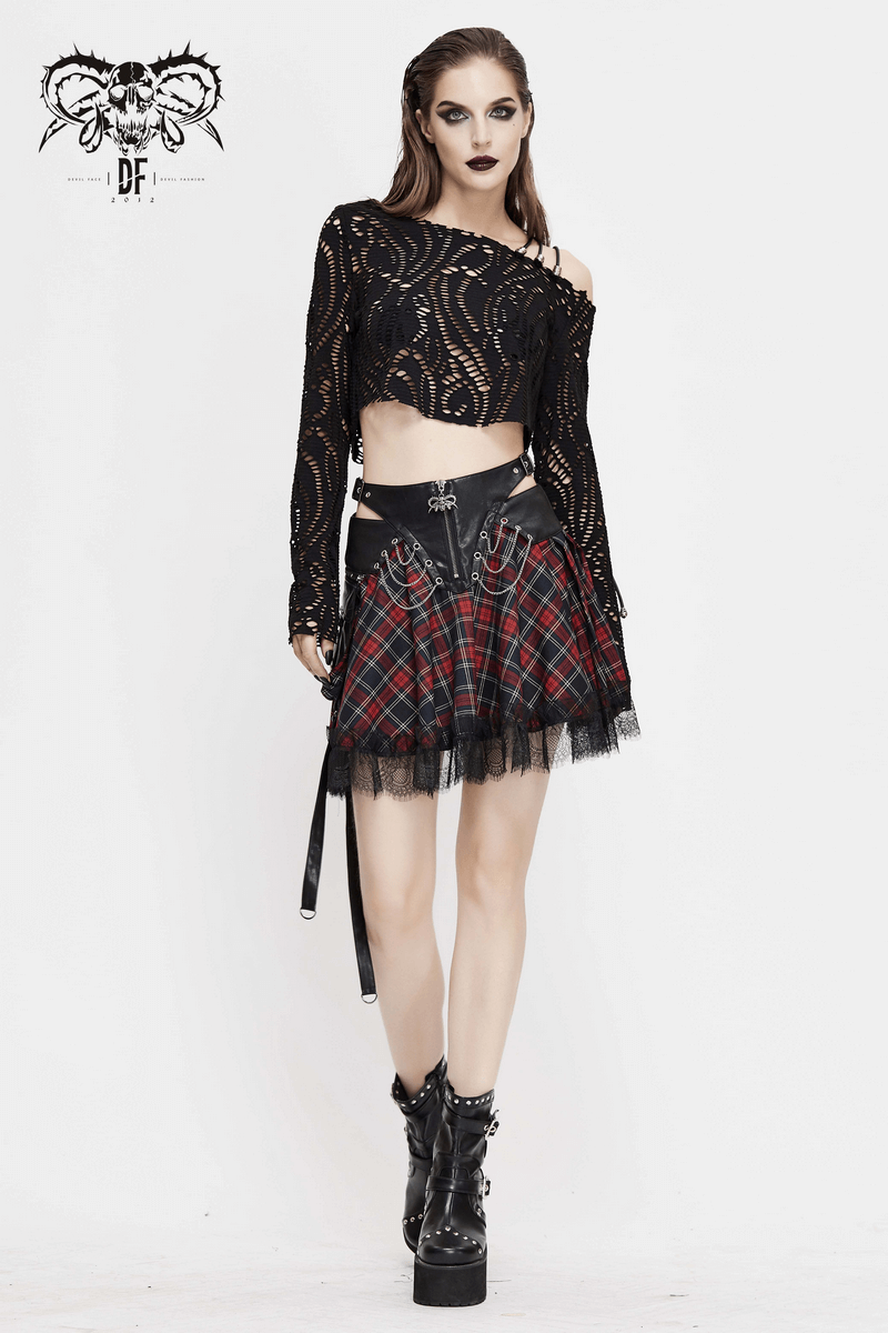 Gothic women's plaid mini skirt with chains, lace inserts, and edgy punk style, perfect for alternative fashion.