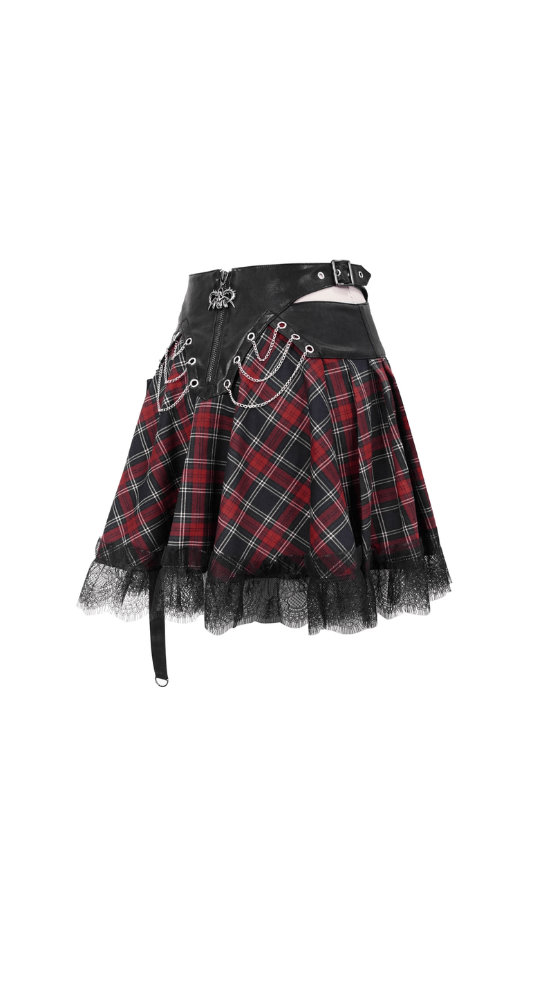 Gothic strappy plaid mini skirt with lace and silver chains, perfect for stylish punk outfits.