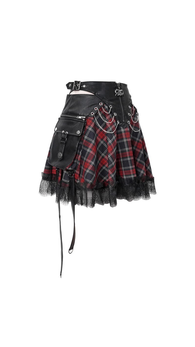 Gothic strappy plaid mini skirt with chains and lace, perfect for punk rock outfits.