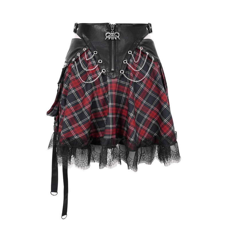 Gothic strappy plaid mini skirt with chains and lace; trendy punk style for women.