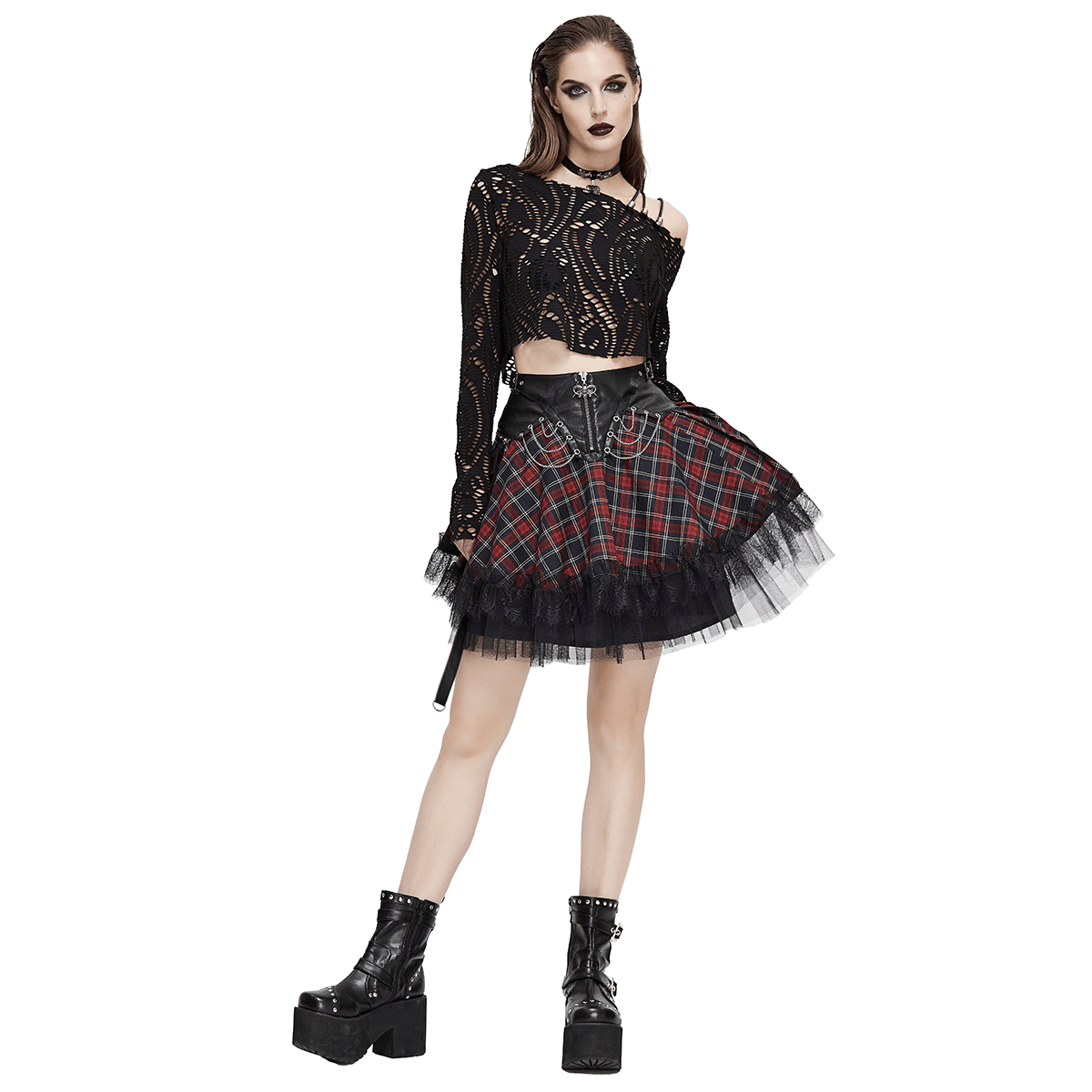 Gothic strappy plaid mini skirt with chains, styled for punk fashion with lace accents and chunky black boots.