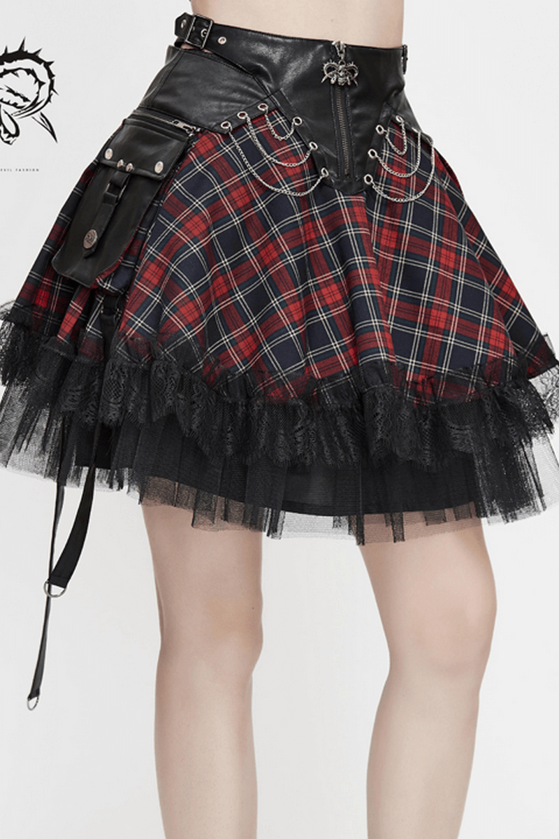 Gothic strappy plaid mini skirt with lace and chains for punk stylish outfits.