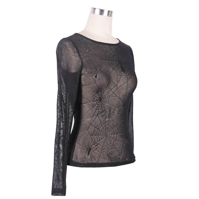 Gothic stretchy black top with spider web pattern, perfect for punk rock style and gothic wardrobes.