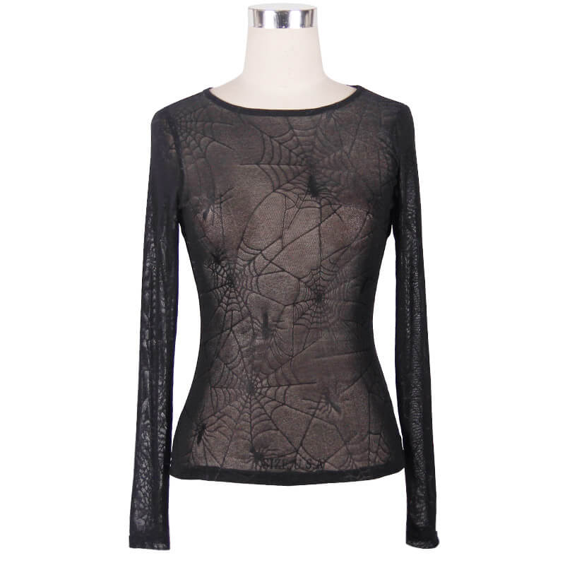 Gothic black stretchy top with spider web pattern, perfect for punk rock style and layering in a trendy wardrobe.
