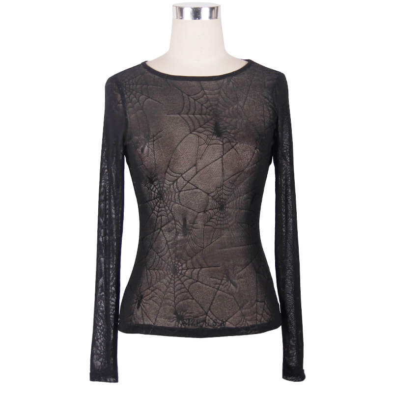 Gothic Stretchy Spider Web Pattern Black Top For Women / Punk Rock Sexy See-through Mesh Tops - HARD'N'HEAVY