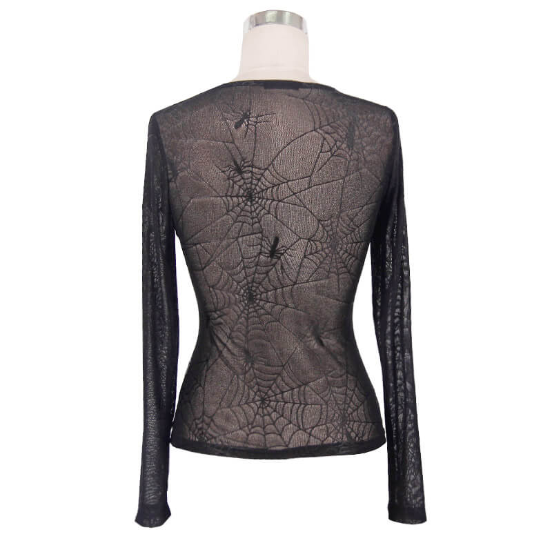 Gothic women's black top featuring a stretchy spider web pattern on the back, perfect for a punk rock wardrobe.