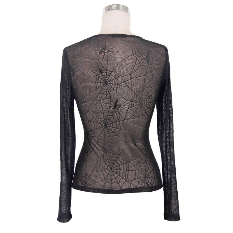 Gothic Stretchy Spider Web Pattern Black Top For Women / Punk Rock Sexy See-through Mesh Tops - HARD'N'HEAVY