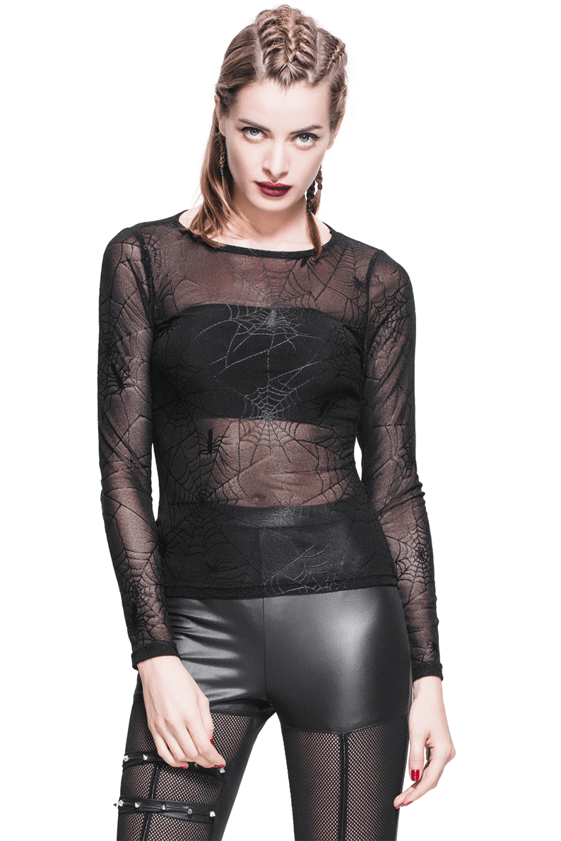 Gothic black spider web pattern top for women, featuring a sexy see-through mesh design perfect for punk rock style.