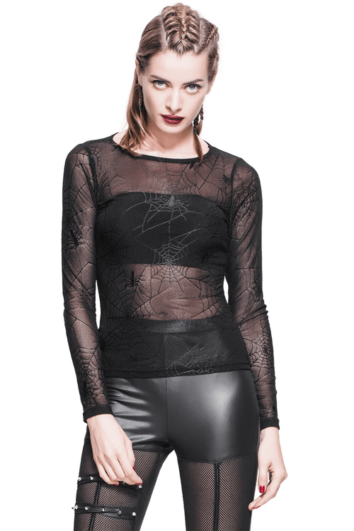 Top negro con estampado de telaraña elástico gótico para mujer/Tops de malla transparentes sexis Punk Rock