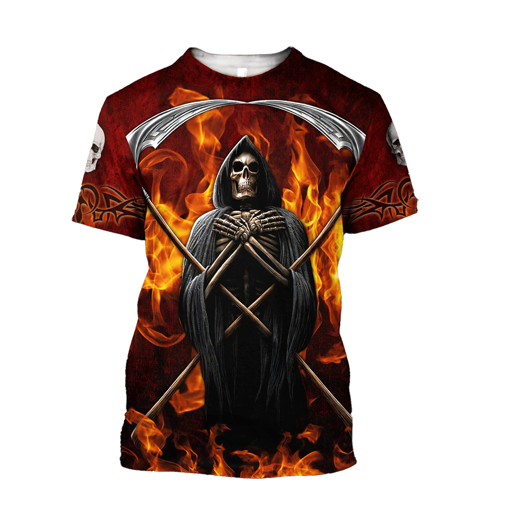 Gothic 3D print T-shirt for men featuring a death priest design against a fiery background, perfect for alternative fashion.
