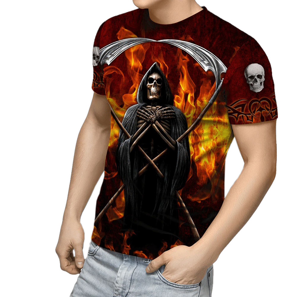 Gothic 3D printed T-shirt for men featuring a death priest design, perfect for concerts and alternative fashion.
