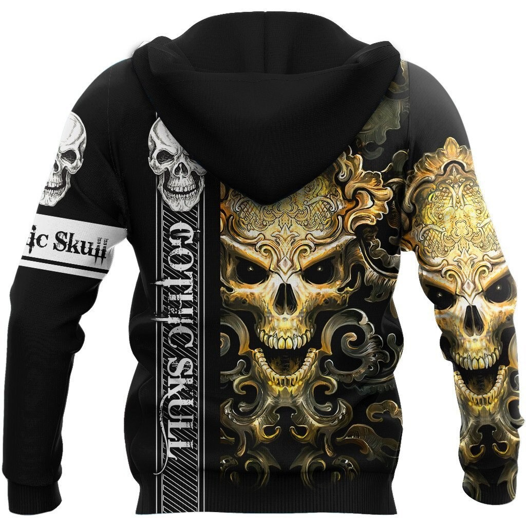 Gothic style 3D printed hoodie sweatshirt for men with intricate skull design and ornate detailing.