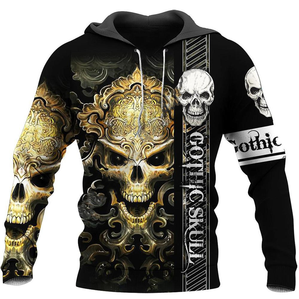 Gothic style 3D print skeleton hoodie sweatshirt for men featuring bold skull graphics.