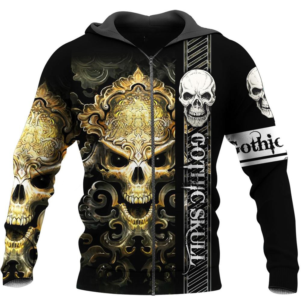 Gothic style 3D printed hoodie for men featuring striking skull design and intricate details for a bold look.