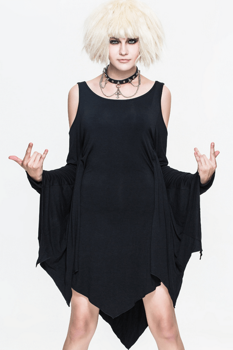 Gothic Style Black Dress with Long Sleeves with a Bat Wing Design / Irragular Hem Short Dress - HARD'N'HEAVY