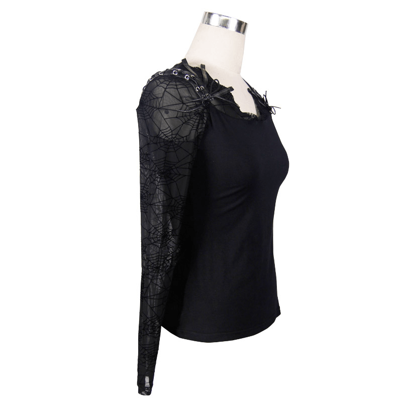 Gothic Style Black Top with Faux Leather Lacings / Women's Top with Lace Cobwebs Design - HARD'N'HEAVY