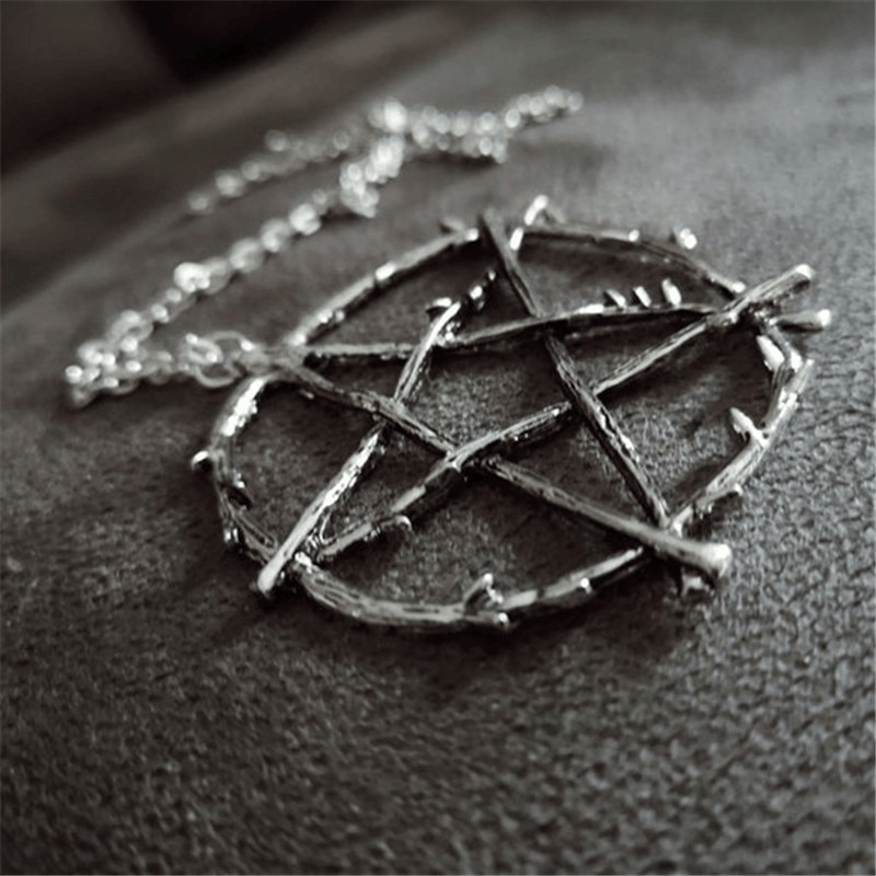 Gothic branch pentagram necklace pendant in silver, perfect for alternative jewelry lovers.