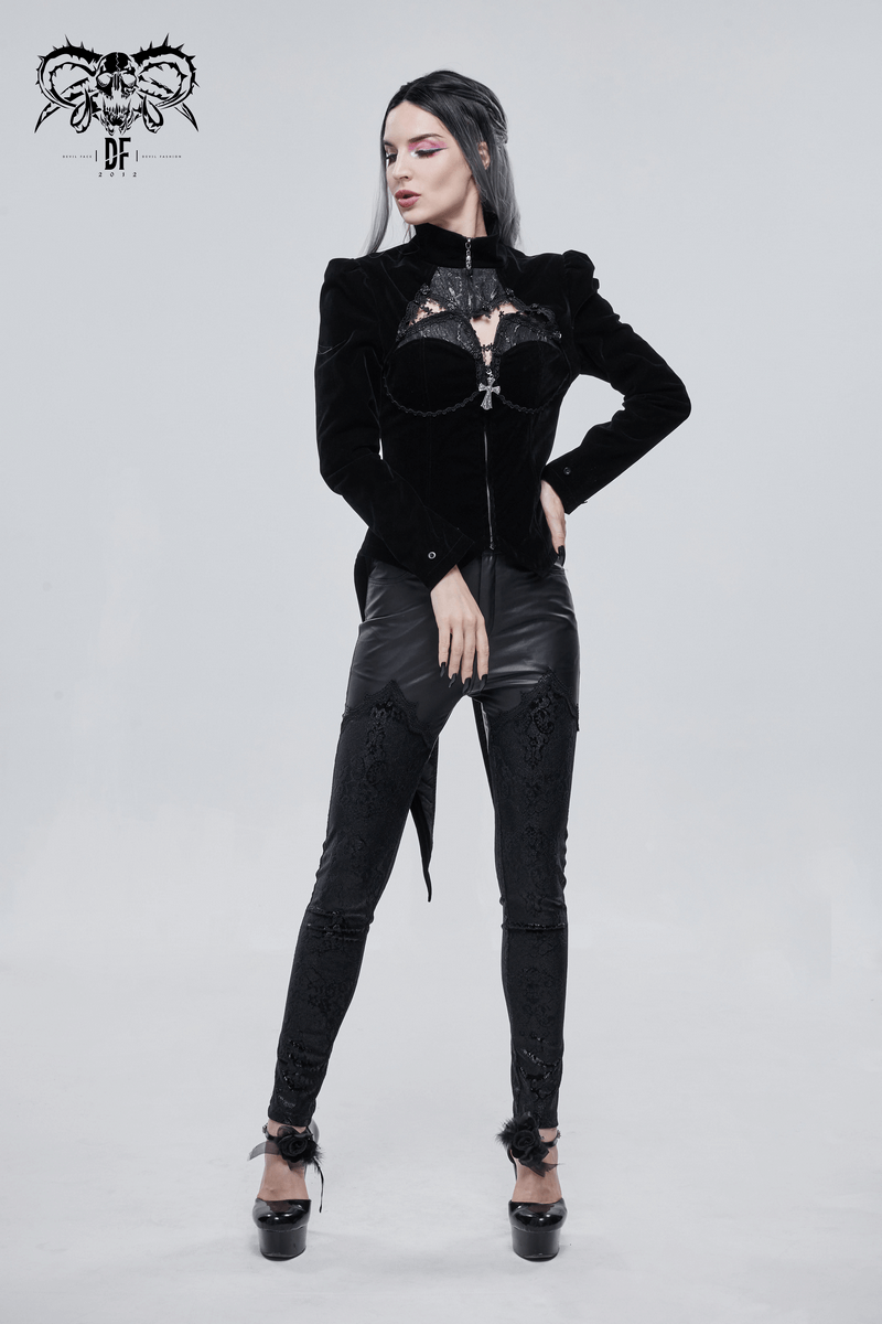 Gothic Style Cutout Splice Swallow-tailed Jacket / Appliqued Women's Velvet Jackets